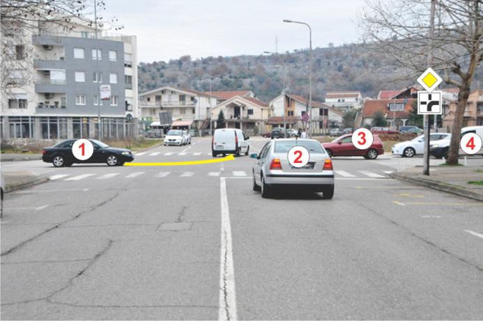 Kako ćete postupiti u situaciji prikazanoj na slici, ako sa vozilom 2 zadržavate pravac kretanja: