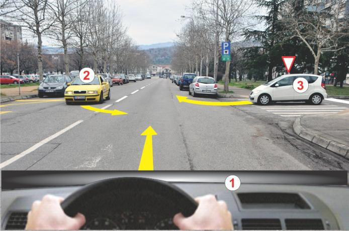 U situaciji prikazanoj na slici redoslijed prolaska vozila kroz raskrsnicu je: