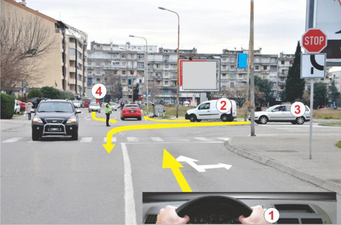 U situaciji prikazanoj na slici redoslijed prolaska vozila kojima je dozvoljen prolazak je: