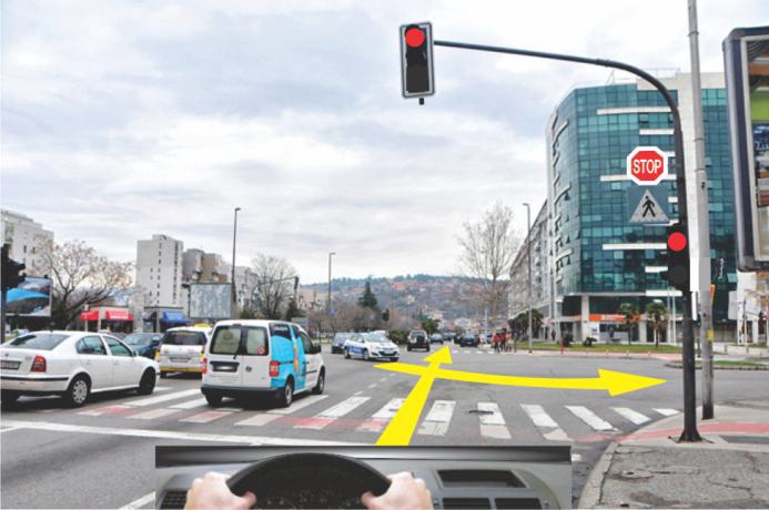 U situaciji prikazanoj na slici prolazak kroz raskrsnicu regulisan je: