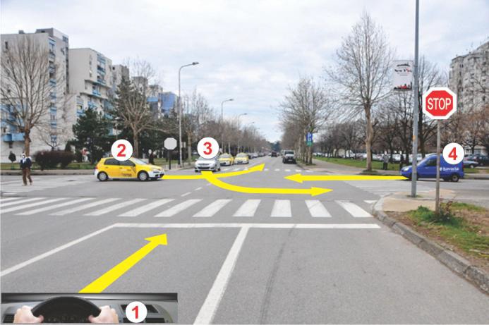 U situaciji prikazanoj na slici redoslijed prolaska vozila kroz raskrsnicu je: