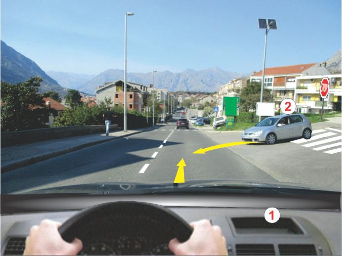 Vozač vozila 2 prilikom skretanja ulijevo u situaciji kao na slici će: