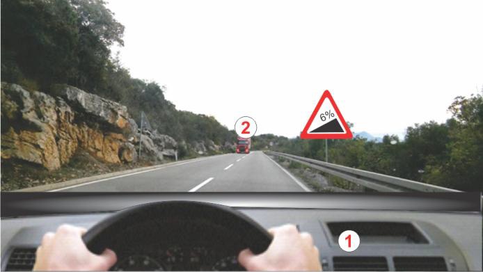 U situaciji na slici, vozim teretno vozilo sa prikolicom i mimoilazim se sa teretnim vozilom 2, zbog nedovoljne širine kolovoza za bezbjedno mimoilažnje: