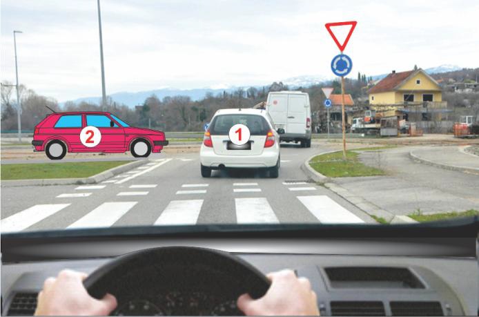 In the situation shown in the picture, the driver of vehicle 1 will act according to: