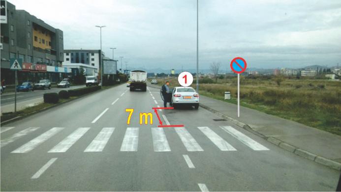 At what distance from the marked pedestrian crossing can the driver stop or park:
