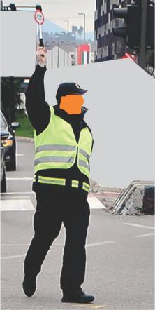 The sign given by the police officer in the picture: